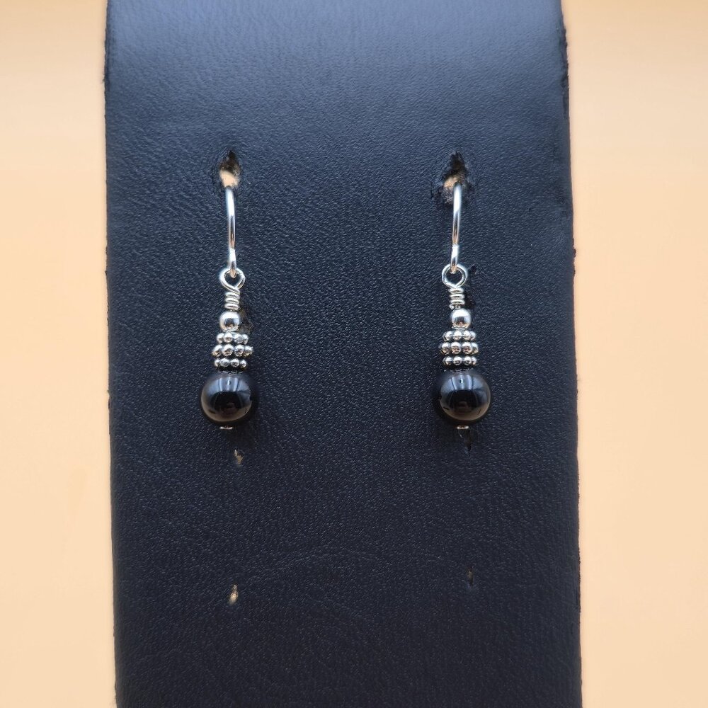 Sterling Silver Cute Small Black Stone Dangle Earrings A5765